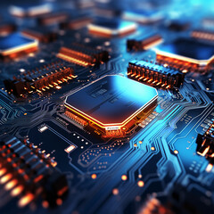 Up close image of computer micro electronics and computer chips on a lit up electronics board
