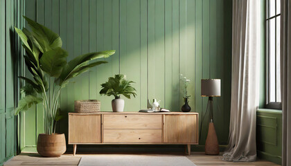 Modern room interior with green wall with sunlight, wooden dresser with decor, green plant in pot and curtain, 3d rendering