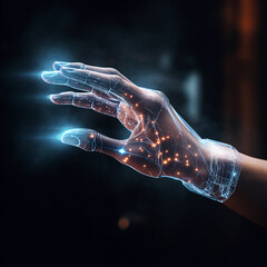 A persons hand touching a interactive hologram computer display that has glowing lights and shows interactive data