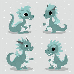 Set of cute cartoon dragons in a trendy cartoon style. Cute children's characters. Vector illustration.