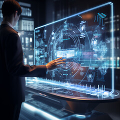 A persons hand touching a interactive hologram computer display that has glowing lights and shows interactive data