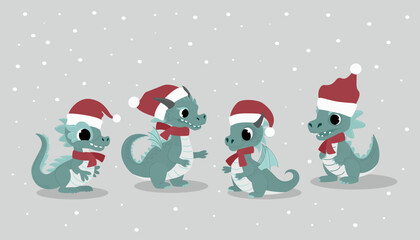 Set Dragons in Santa Claus hats. Cute children's characters. Vector illustration.