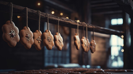 Gingerbread cookies hanging over wooden background.
