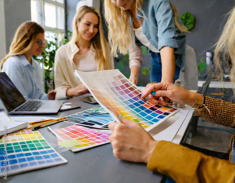Poster team of creative graphic designer working on color swatch samples chart for selection coloring in in