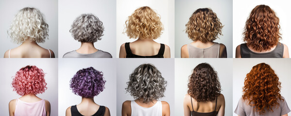 Small perm haircut for woman with different hair colour. View from behind on white background. Generative AI - obrazy, fototapety, plakaty