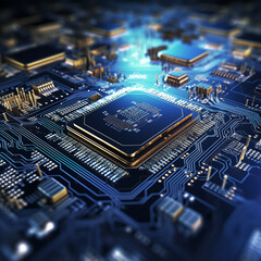 Up close image of computer micro electronics and computer chips on a lit up electronics board