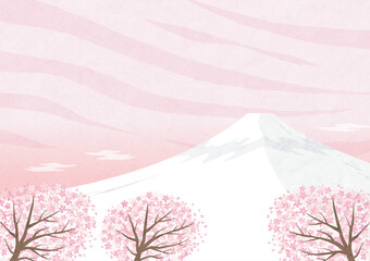 桜と富士山のシンプルな自然風景 日本の和風背景イラスト（ピンク）