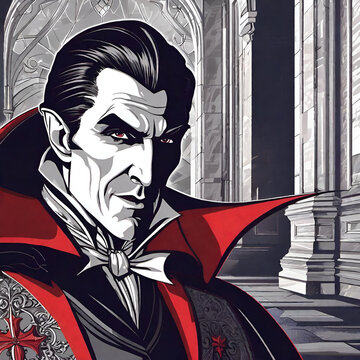 Count Dracula vampire on black and white background wearing red cape