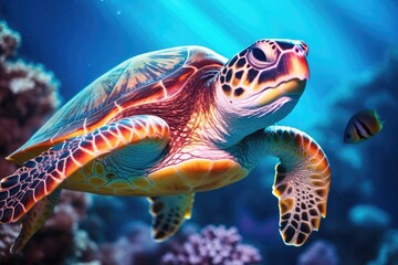 Fototapeta premium Majestic sea turtle gliding through the vibrant coral reef in the crystal-clear waters