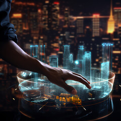 A persons hand touching a interactive hologram computer display that has glowing lights and shows interactive data