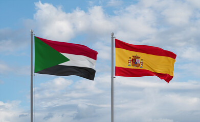 Spain and Sudan flags, country relationship concept