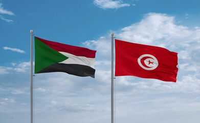 Tunisia and Sudan flags, country relationship concept