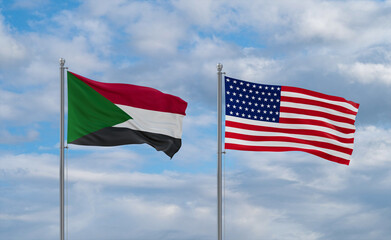 USA and Sudan flags, country relationship concepts