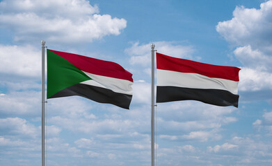 Yemen and Sudan flags, country relationship concept