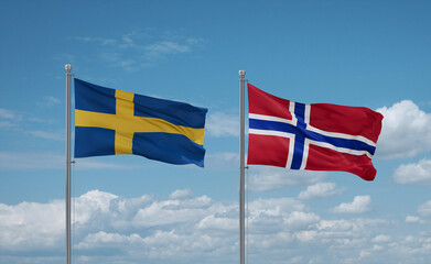 Norway and Sweden flags, country relationship concept