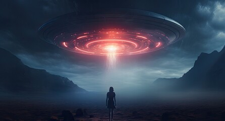 A surreal and dramatic science fiction exploring a futuristic alien world with glowing spaceships and a mysterious, otherworldly landscape. - obrazy, fototapety, plakaty