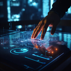 A persons hand touching a interactive hologram computer display that has glowing lights and shows interactive data