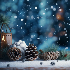A winter scene with pinecones, red berries and falling snow, in the background a snowy forest can be seen