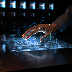 A persons hand touching a interactive hologram computer display that has glowing lights and shows interactive data