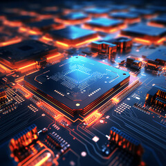 Up close image of computer micro electronics and computer chips on a lit up electronics board