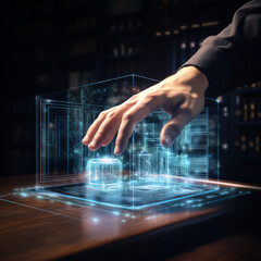 A persons hand touching a interactive hologram computer display that has glowing lights and shows interactive data