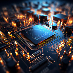 Up close image of computer micro electronics and computer chips on a lit up electronics board