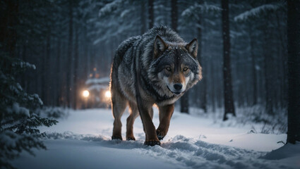 Timberwolf in una foresta di notte in inverno durante una nevicata