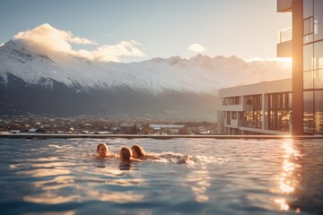 Relaxing in a geothermal spa, surrounded by the beauty of nature. - obrazy, fototapety, plakaty