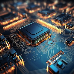 Up close image of computer micro electronics and computer chips on a lit up electronics board