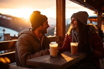 A happy, young couple enjoys a romantic winter outdoor date, sipping coffee and sharing love and laughter. - obrazy, fototapety, plakaty
