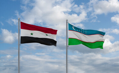 Uzbekistan and Syrian flags, country relationship concept