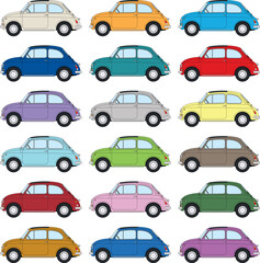 Texture with old coloured Fiat 500 coloured, italian famous and popular car, vector illustration - obrazy, fototapety, plakaty