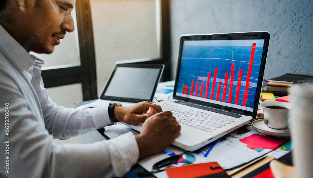 Poster businessman working with computer, thinking and analyzing graph