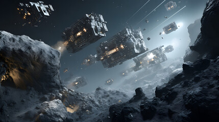 Beautiful starship extracting minerals on an asteroid