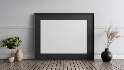 Empty black frame with mat on wooden floor with white wall, 45 ratio - 40x50 cm, 16 x 20 inches, poster frame mock up, 3d rendering