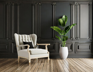 Room with armchair and green plant in pot with black wall with classic style mouldings and wooden floor, 3d render