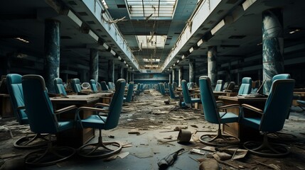 A deserted call center with chairs turned upside down on the tables.