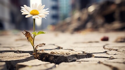 A single daisy growing through cracks in a concrete jungle.