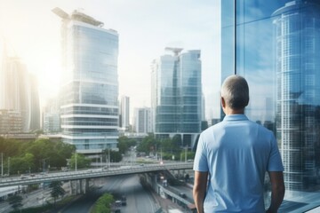 Rear view of man standing looking at the city
