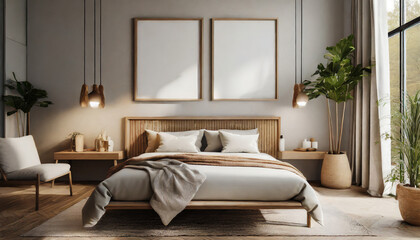 Fototapeta na wymiar empty frames mock up above bed in modern bedroom interior, 3d render