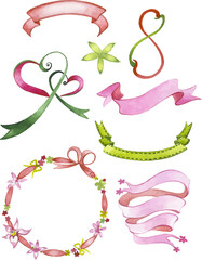 Vector Watercolor painted collection of decorative ribbons. Hand drawn holiday design elements isolated on white background.