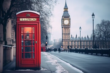 traditional telephone booth in London with Big Ben in the background - obrazy, fototapety, plakaty