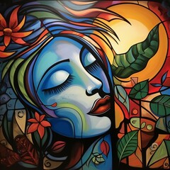 Fototapeta na wymiar Beautiful hand drawn girl colorful face abstract painting wallpaper image AI generated art