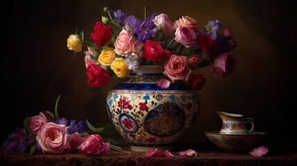 Fototapeta premium Beautiful many rose flowers vase bouquet wallpaper image AI generated art