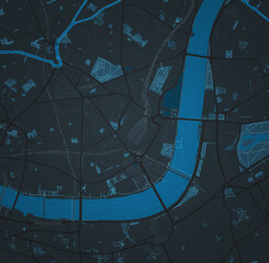 Illustrative map of a fictional city in dark tones. Abstract city map background.