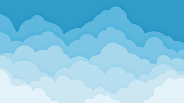 Blue sky with layered flat cartoon style clouds with color gradient to white. Abstract cloudy heaven illustration background. Design for banner, poster, flyer, card, brochure, web design etc.