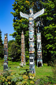 Stanley Park in Vancouver with public displays of indigenous Indian Tribe totem poles.  