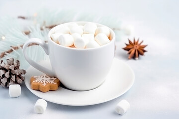 Hot cocoa with marshmallows or coffee in ceramic cup on white background. Autumn and Winter mood concept. Time for relax