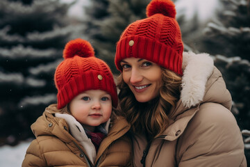 Fototapeta premium Portrait of happy mother and daughter in red hats in winter forest