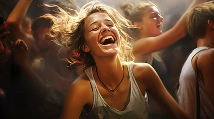 Gordijnen Young joyful woman with loose hair outdoors dancing with people © cherezoff